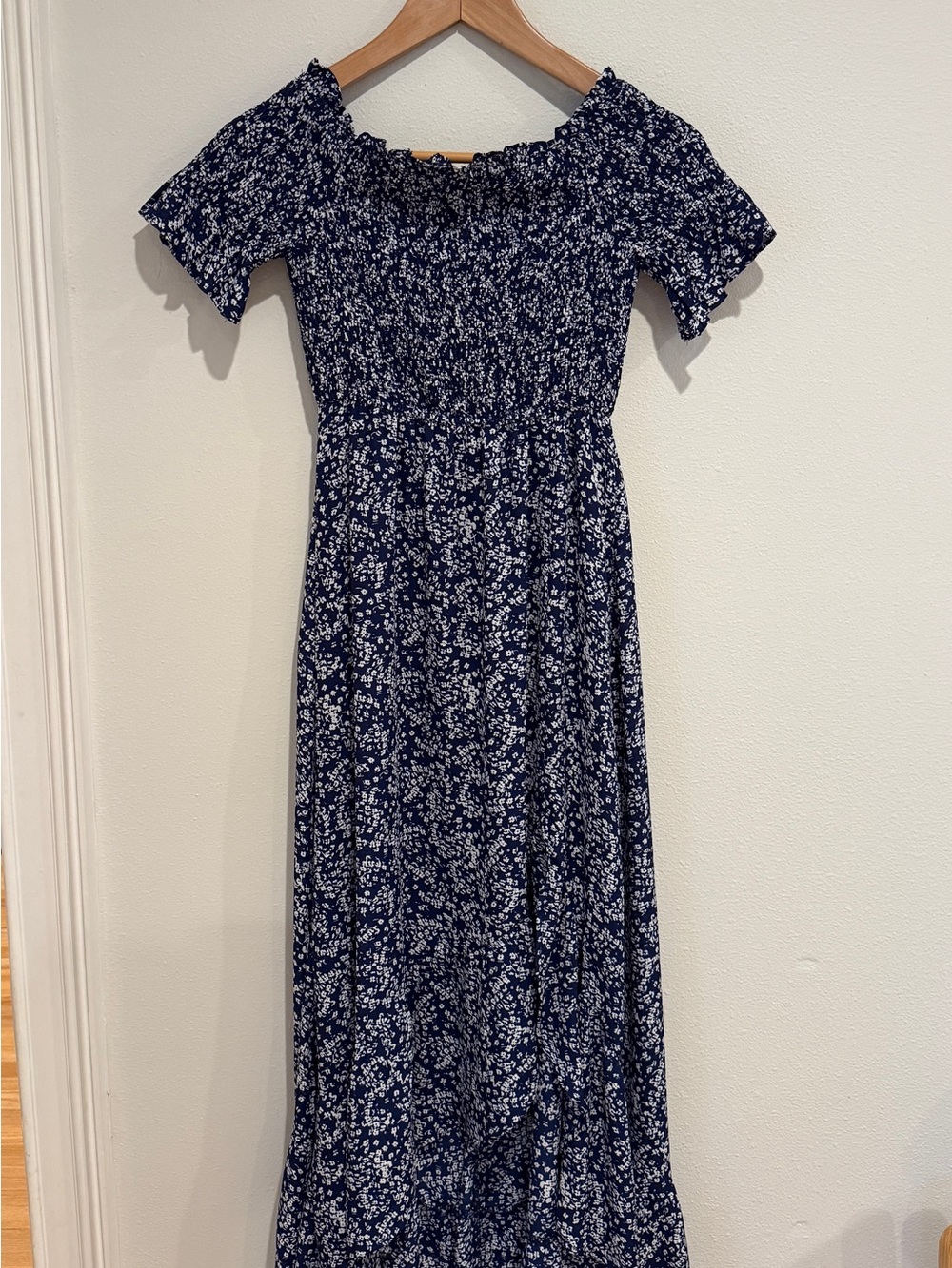 Lulu's Navy Floral Off-Shoulder Smocked Maxi Dress